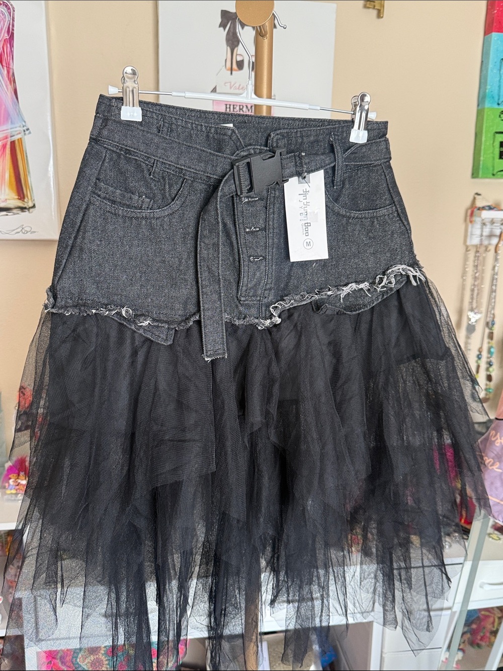 Source Unknown Black Denim-Waist Circle Skirt with Tulle